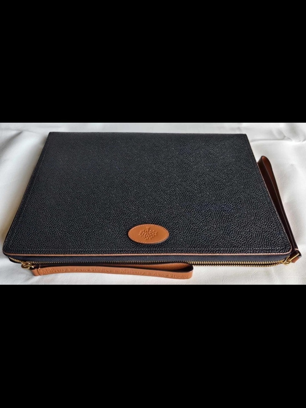 Mulberry Black Pebbled Leather Laptop Folio with Tan Trim